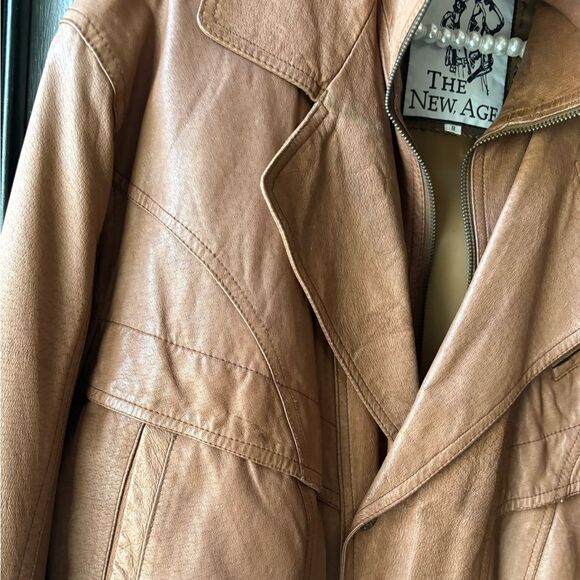 VTG The New Age Brown Leather Double Collar Bomber Jacket Size S - Picture 5 of 15